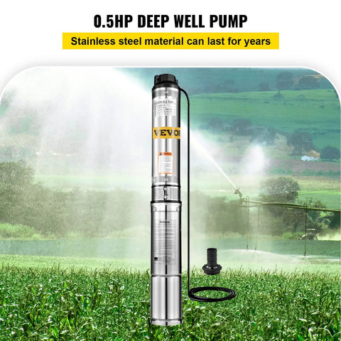 Half HP Submersible Well Pump With 164 Ft Head And 25.5 GPM Flow, stainless steel body in farm setting with irrigation