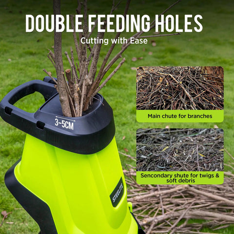 Powerful 15 Amp Electric Wood Chipper And Mulcher For Yard Work With One Point Eight Inch Capacity showing double feeding holes