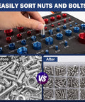 44 Piece Thread Gauge Set With 23 SAE Inch And 21 Metric Sizes, showing sorting nuts and bolts, before and after organization.