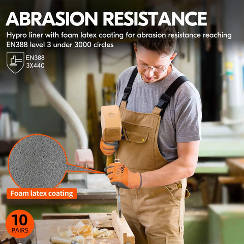 ANSI A3 Cut Resistant Gloves With Latex Rubber Coated Grip For Gardening, Construction And Warehouse Work, Durable All Purpose Hand Protection For Moving And Lifting, Plumbing And Logistics, Size Large Orange worn by man chiseling wood