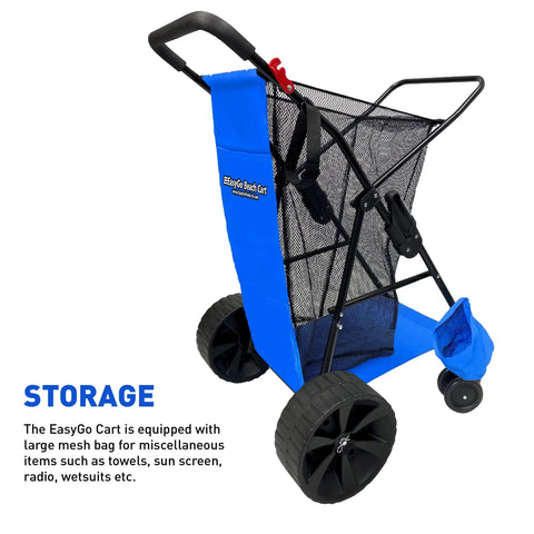Grab And Go Heavy Duty Beach Cart Folding Wagon With Sand Wheels And Umbrella Holder That Holds Four Chairs, blue storage pouch.