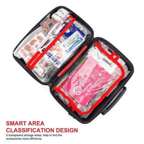Gevoke 410-piece waterproof hard-shell first aid kit, red case opened to show clear internal pockets with bandages.