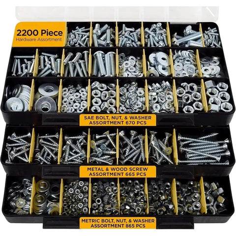 2251 Pieces Hardware Assortment Kit With Carbon Steel Bolts Nuts And Washers SAE And Metric Black Finish For Fast Repairs And DIY Projects For Home Auto And Workshop Projects And Quick Easy Repairs, open organizer tray