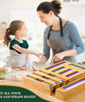 9 In 1 Bamboo Kitchen Drawer Organizer With Built In Plastic Wrap And Aluminum Foil Dispenser And Cutter, Baggie Organizer