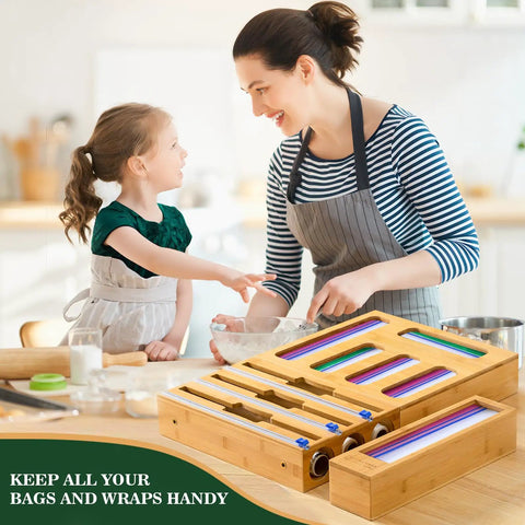 9 In 1 Bamboo Kitchen Drawer Organizer With Built In Plastic Wrap And Aluminum Foil Dispenser And Cutter, Baggie Organizer