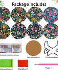8 Pack Diamond Art Coasters Kit With Flower Designs, Cork Pads, Coaster Holder, Diamond Dots, Glue, Drill Pen, Diamond Tray