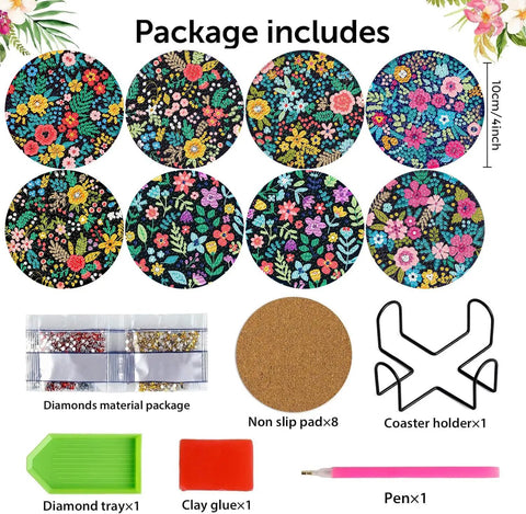 8 Pack Diamond Art Coasters Kit With Flower Designs, Cork Pads, Coaster Holder, Diamond Dots, Glue, Drill Pen, Diamond Tray