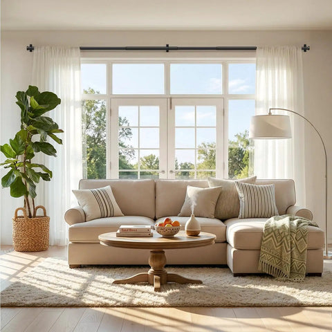 Built Tough Adjustable Curtain Rod Set 72 To 144 Inches 1 Inch Diameter in living room window with white curtains