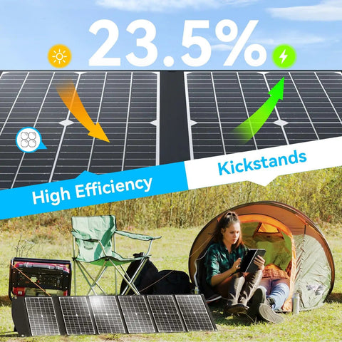 Ultra Lightweight 6 Lb 100W Portable Solar Panel Foldable with Handy Handle for Camping Power, shown in outdoor setting.