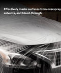 Car covered with high density plastic sheeting masking film, tear resistant and durable for paint overspray and solvents bleed-through.