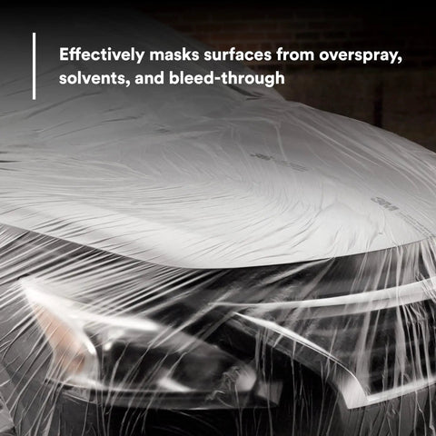 Car covered with high density plastic sheeting masking film, tear resistant and durable for paint overspray and solvents bleed-through.
