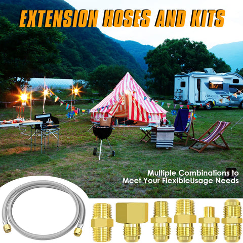 6 Ft High Pressure Propane Hose Extension With Conversion Couplings For BBQ Grill Fire Pit And Heater next to camping setup