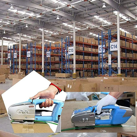 Heavy Duty Electric Strapping Machine Handheld Portable Welding Bander in a warehouse setting, securing boxes with adjustable tension.