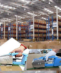 Portable Handheld Electric Strapping Machine Hot Melt Welding Banding Tool in a busy warehouse, packaging boxes efficiently.