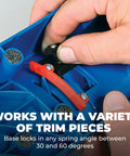 Close-up of hands adjusting Miter Saw Molding Tool With Adjustable Spring Base Locks 30 To 60 Degrees For No Fuss Seamless Installations