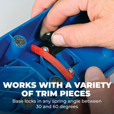 Close-up of hands adjusting Miter Saw Molding Tool With Adjustable Spring Base Locks 30 To 60 Degrees For No Fuss Seamless Installations