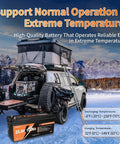 Rugged 24V 100Ah LiFePO4 Battery With 100A BMS Delivers 2560Wh Of Power Built For 15000 Plus Deep Cycles next to snow-covered RV.