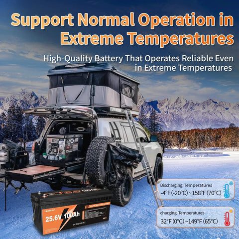 Rugged 24V 100Ah LiFePO4 Battery With 100A BMS Delivers 2560Wh Of Power Built For 15000 Plus Deep Cycles next to snow-covered RV.