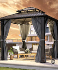 8.5 By 8.5 Ft Outdoor Hardtop Gazebo With Double Roof, Heavy Duty Aluminum And Steel Top, Ventilated Design, Privacy Curtains Installed