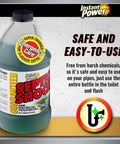 Septic Tank Shock Treatment Liquid Clog Remover bottle next to safety and usage instructions on a textured background