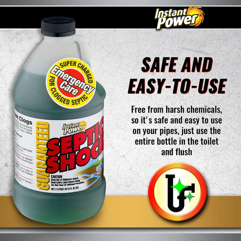Septic Tank Shock Treatment Liquid Clog Remover bottle next to safety and usage instructions on a textured background