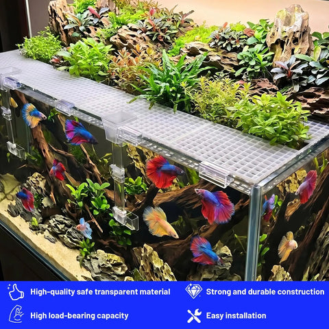 Slick Clear Aquarium Lid Clips 16 Piece Set For Rimless Fish Tank Glass Covers and Acrylic Hoods, clear clips securing top of tank.
