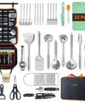 32 Piece Camping Cooking Utensil Set With Organizer Bag For Open Fire Pit And Grillin On The Go Portable RV Camp Kitchen Kit Essential Outdoor Cookout Gear For Every Adventure shown with utensils and organizer bag