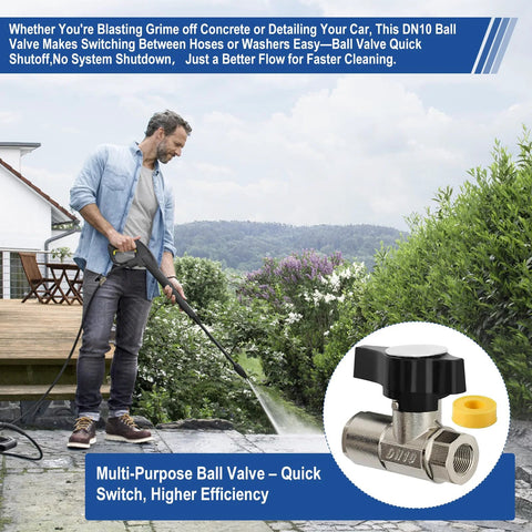 Pressure washer ball valve DN10, 3/8 ports; man uses washer; inset shows metal valve with black lever and yellow cap.