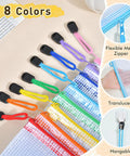 14 Pack Mesh Zipper Pouches Set In 8 Sizes Clear Water Resistant Zip Bags displayed in 8 colors with flexible metal zippers