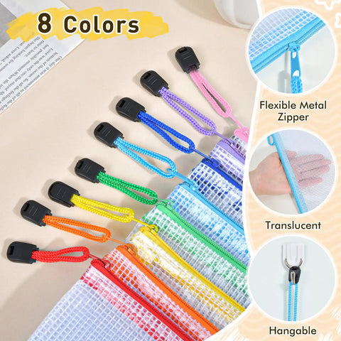 14 Pack Mesh Zipper Pouches Set In 8 Sizes Clear Water Resistant Zip Bags displayed in 8 colors with flexible metal zippers