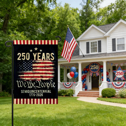 Celebrating 250th Anniversary USA Garden Flag For Outdoor Display Double Sided Waterproof Patriotic Yard Sign With Stars And Stripes 1776 2026 Semiquincentennial 4th Of July Decor displayed in front of festive house