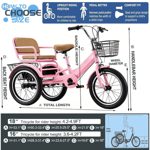 Three Wheel Kids Bicycle For Ages Three To Ten, Tandem Trike With Passenger Seat, Dual Brakes, Adjustable Handlebar And Saddle