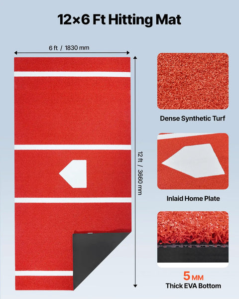 Baseball and Softball Batting Mat With Home Plate For Indoor Outdoor Practice, 12x6ft Anti Fade Turf, product overview