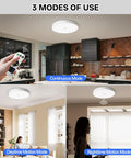 Rechargeable Ceiling Light With Motion Sensor And Remote 12000mAh Battery Powered Closet Light For Shower Garage And Porch Long Lasting Bright 6500K Cool White Wireless Easy Install shown in kitchen, living room, and bedroom settings