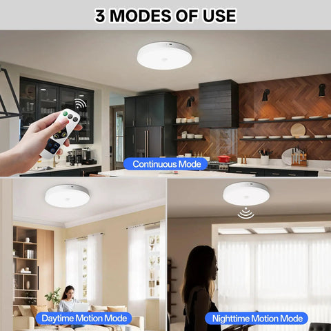 Rechargeable Ceiling Light With Motion Sensor And Remote 12000mAh Battery Powered Closet Light For Shower Garage And Porch Long Lasting Bright 6500K Cool White Wireless Easy Install shown in kitchen, living room, and bedroom settings