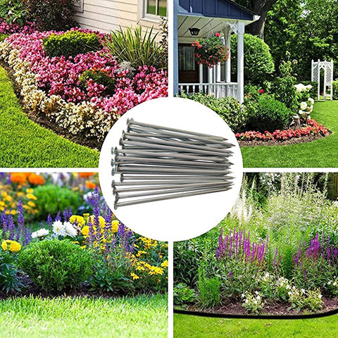 Heavy Duty 6 Inch Metal Nails 144 Pack Landscape Anchoring Spikes For Paver Edging Weed Barriers Turf Tent Stakes And More Ideal For Yard Construction Carpentry Projects shown with garden landscape.