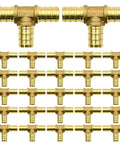 25 Pack One Half Inch PEX Fittings Tee Brass For PEX Tubing Pipe Quick Connects, displayed in rows, durable brass for plumbing projects