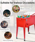 Red 80 Quart Rolling Cooler Ice Chest With Wheels And Bottle Opener, Party Ready for Outdoor Parties, Camping, Picnics, Beach, BBQ or Patio