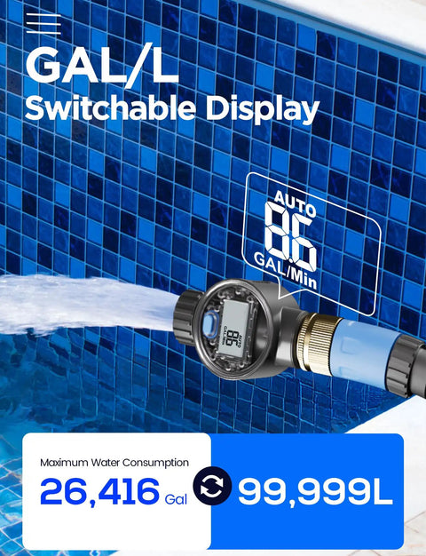 Brass Inlet Water Flow Meter With Gallon And Liter Readout For Outdoor Garden Hose Watering RV Tanks Sprinklers And Sprayers Heavy Duty All Weather Construction, switchable display