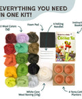 Needle Felting Kit For Cactus And Succulents, No Fuss Easy Beginner Friendly Craft Kit With Wool Roving, Felting Needles, Foam Pad And Clay Pots, content overview image with wool, foam pad, needles, and pots