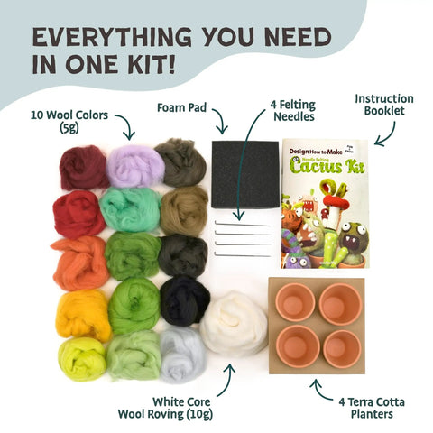 Needle Felting Kit For Cactus And Succulents, No Fuss Easy Beginner Friendly Craft Kit With Wool Roving, Felting Needles, Foam Pad And Clay Pots, content overview image with wool, foam pad, needles, and pots