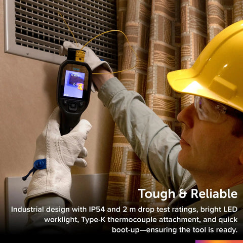 TG268 Thermal Imaging Camera With 320x240 IR, Ultra Clear MSX Real Time Detail, 640x480 Visual Sensor For Sharper Thermal Images, Spot IR Bullseye Laser For Easy Heat Tracking On The Fly being used to inspect a vent