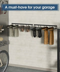 Two Pack Wall Mounted Boot Rack For Tall Boots And Cowboy Boots, Industrial Metal Shoe Organizer With Inverted Hanger Drying Method installed in a garage