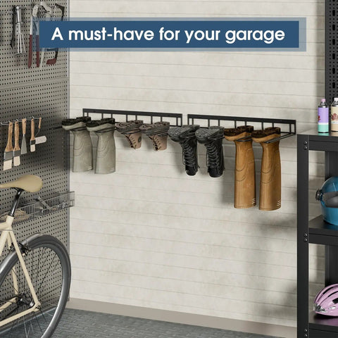 Two Pack Wall Mounted Boot Rack For Tall Boots And Cowboy Boots, Industrial Metal Shoe Organizer With Inverted Hanger Drying Method installed in a garage