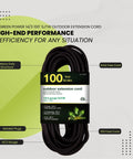 100 Ft Outdoor Extension Cord 14/3 SJTW Black Contractor Grade Weather Resistant Durable Not For EV Chargers Heavy Duty Power Cable For Tools Equipment Garden And Construction coiled on display.