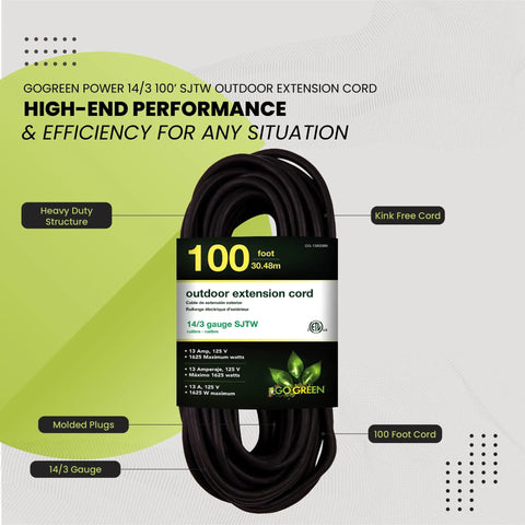 100 Ft Outdoor Extension Cord 14/3 SJTW Black Contractor Grade Weather Resistant Durable Not For EV Chargers Heavy Duty Power Cable For Tools Equipment Garden And Construction coiled on display.
