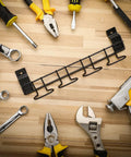 2 Pack Slatwall Screwdriver And Pliers Holders Set Heavy Duty Galvanized Metal Hooks And Hangers displayed on wooden surface.