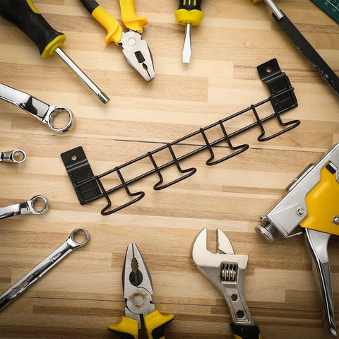 2 Pack Slatwall Screwdriver And Pliers Holders Set Heavy Duty Galvanized Metal Hooks And Hangers displayed on wooden surface.