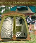 Portable Camping Shower Tent Deluxe Privacy Shelter With Two Rooms And Floor Drain Pop Up No Tool Setup in outdoor setting