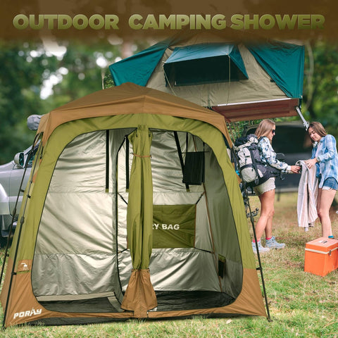Portable Camping Shower Tent Deluxe Privacy Shelter With Two Rooms And Floor Drain Pop Up No Tool Setup in outdoor setting